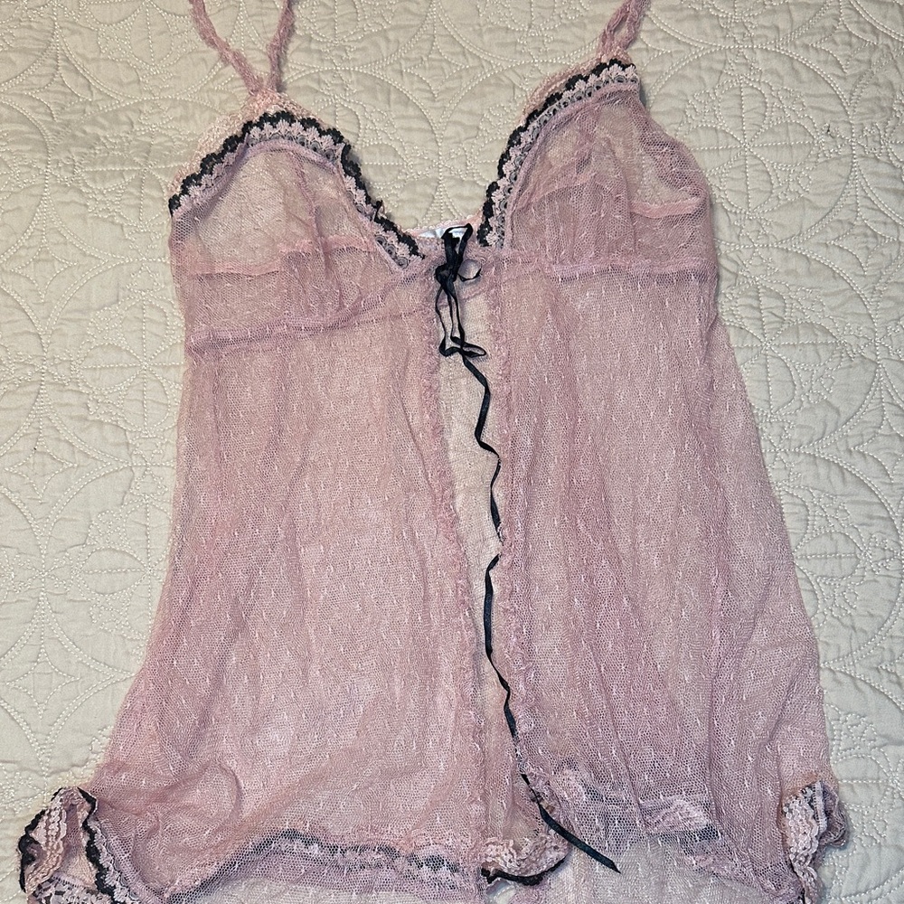Vintage Victoria's Secret Sheer Pink and Black Lace Chemise set